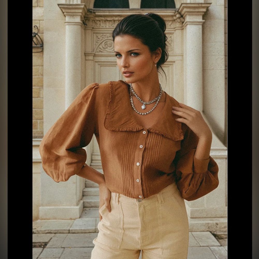 NWT Carolina Benoit It's A Poem Linen Button Down Top Brown Size Small